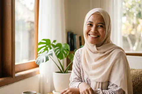 Potret pelanggan usia 35 tahun dengan kulit wajah lembap dan cerah