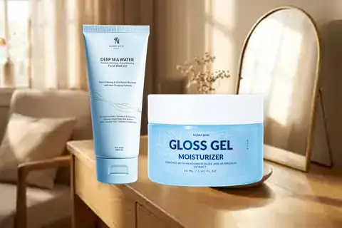 Rangkaian Numa Skin Paket Daily Care Gloss Gel di wastafel kamar mandi