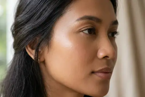 Close-up pipi yang halus, pori-pori bersih, dan tampak glassy tanpa minyak berlebih