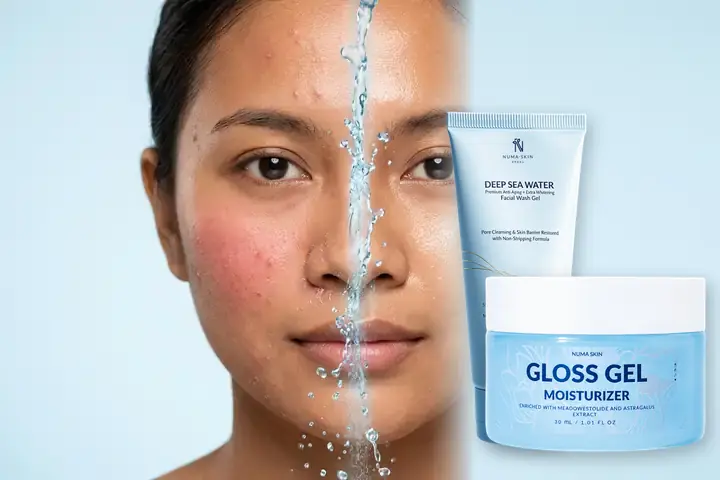 Perbandingan wajah kemerahan bruntusan vs kulit tenang glassy dengan Paket Daily Care Gloss Gel Numa Skin