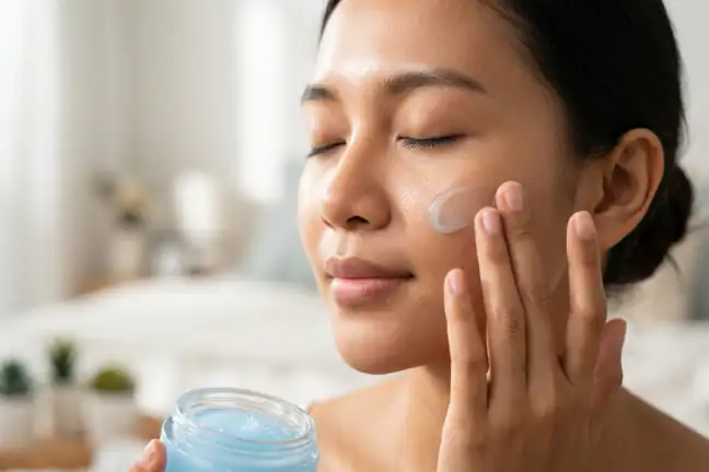 Wanita Indonesia mengaplikasikan Calming Gloss Gel setelah mencuci wajah dengan Facial Wash Gel