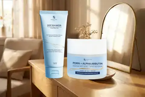 Kemasan Numa Skin Paket Daily Glow Facial Wash 100ml dan PDRN Day Cream 30gr di meja rias