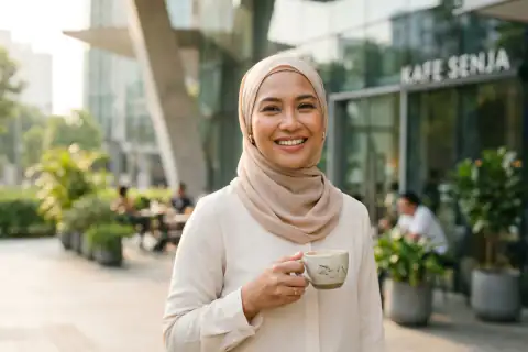 Wanita Indonesia berhijab dengan wajah cerah segar alami di pagi hari tanpa bedak tebal