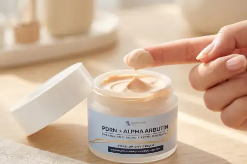 Langkah 2 meratakan PDRN Alpha Arbutin Tone-Up Day Cream 30gr secara tipis merata di pagi hari