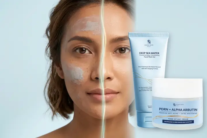 Perbandingan wajah kusam dempul abu-abu vs kulit cerah natural menyatu dengan Paket Daily Glow Numa Skin