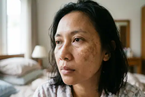 Wajah tampak kusam tidak merata dengan bintik flek hitam di tulang pipi saat pagi hari