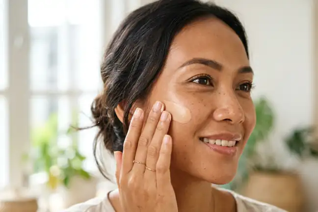 Wanita Indonesia meratakan krim pagi PDRN warm beige di atas kulit wajah yang bersih dan lembap