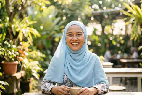 Wanita Indonesia berhijab tersenyum di bawah sinar matahari pagi dengan kulit segar bebas kilap