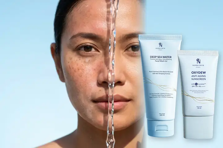 Perbandingan wajah kusam terpapar UV vs kulit bersih segar terlindungi dengan Paket Daily Protection Numa Skin
