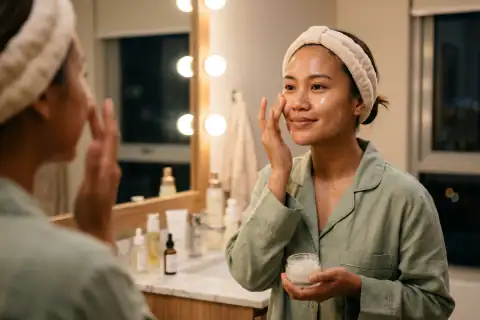 Rutinitas malam mengoleskan Calming Barrier Gloss Gel Moisturizer 30ml sebelum tidur