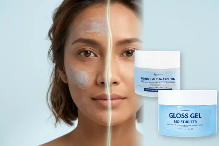 Perbandingan wajah kusam kemerahan vs kulit cerah tenang glassy dengan Paket Moist Glow Duo Numa Skin