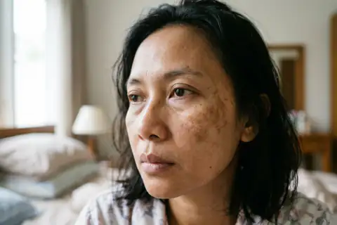 Wajah tampak kusam belang dengan noda hitam di pagi hari dan kemerahan kering di malam hari