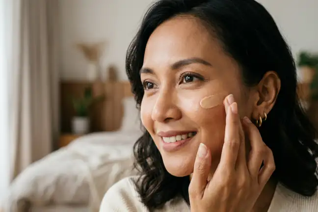 Wanita Indonesia dengan kulit cerah tenang berkat perawatan pagi PDRN Day Cream dan malam Calming Gloss Gel
