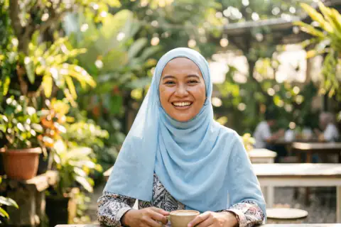 Potret pelanggan usia 38 tahun beraktivitas di luar ruangan dengan kulit cerah kencang