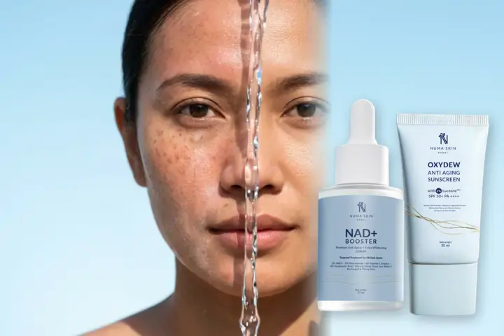 Perbandingan wajah kendur terbakar matahari vs kulit kencang terlindungi dengan Paket Skin Protection Duo Numa Skin