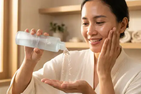 Langkah 1 kompres dan tepuk Treatment Lotion 150ml ke seluruh wajah