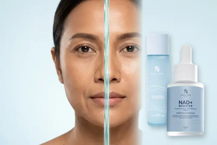 Perbandingan wajah lelah kendur vs kulit kencang segar berenergi dengan Paket Skin Recharge Duo 150ml Numa Skin