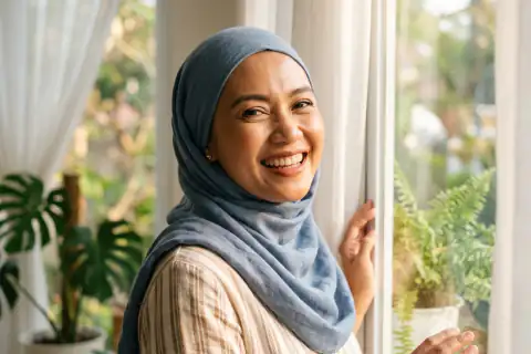 Wanita Indonesia usia 38 tahun berhijab dengan kulit wajah kenyal, cerah, dan terlindungi
