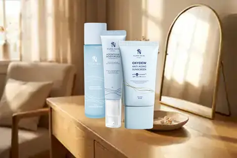 Rangkaian 3 produk Numa Skin ukuran 150ml di meja rias pagi hari