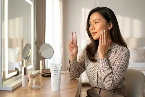 Langkah 3 pagi hari mengoleskan Oxydew Sunscreen SPF 50+ PA++++ 30ml sebanyak 2 ruas jari