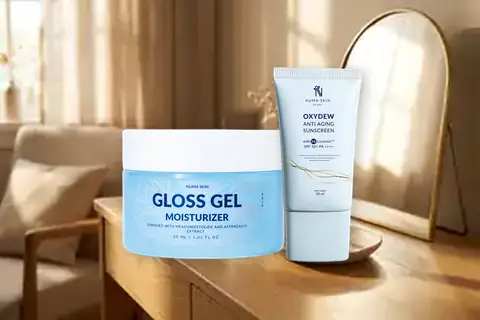 Kemasan Paket Sunscreen dan Gloss Gel di meja rias pelanggan