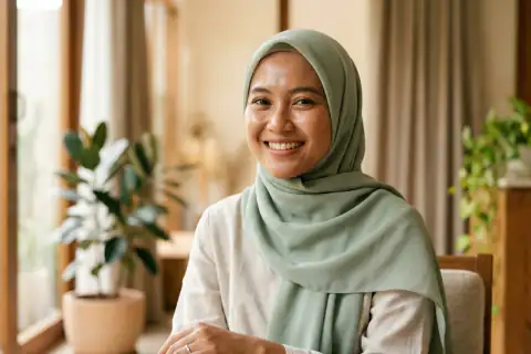 Potret pelanggan usia 28 tahun dengan wajah kalem bebas kilap minyak