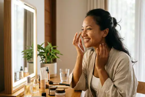 Langkah 2 ratakan PDRN Tone-Up Day Cream warna natural beige di wajah