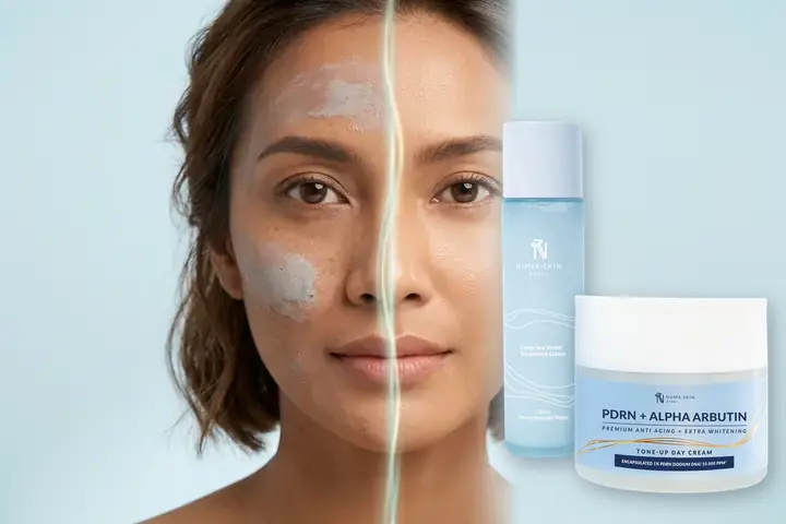 Perbandingan wajah kering dempul vs kulit cerah natural menyatu dengan Paket Youth Glow Duo 150ml Numa Skin