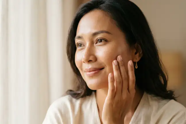Wanita Indonesia meratakan krim pagi warna natural beige di atas kulit yang sudah lembap oleh toner